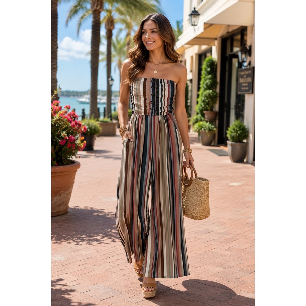 Strapless Wide‎ Leg Striped Palazzo Jumpsuit w/ Pockets Small Resort Beach